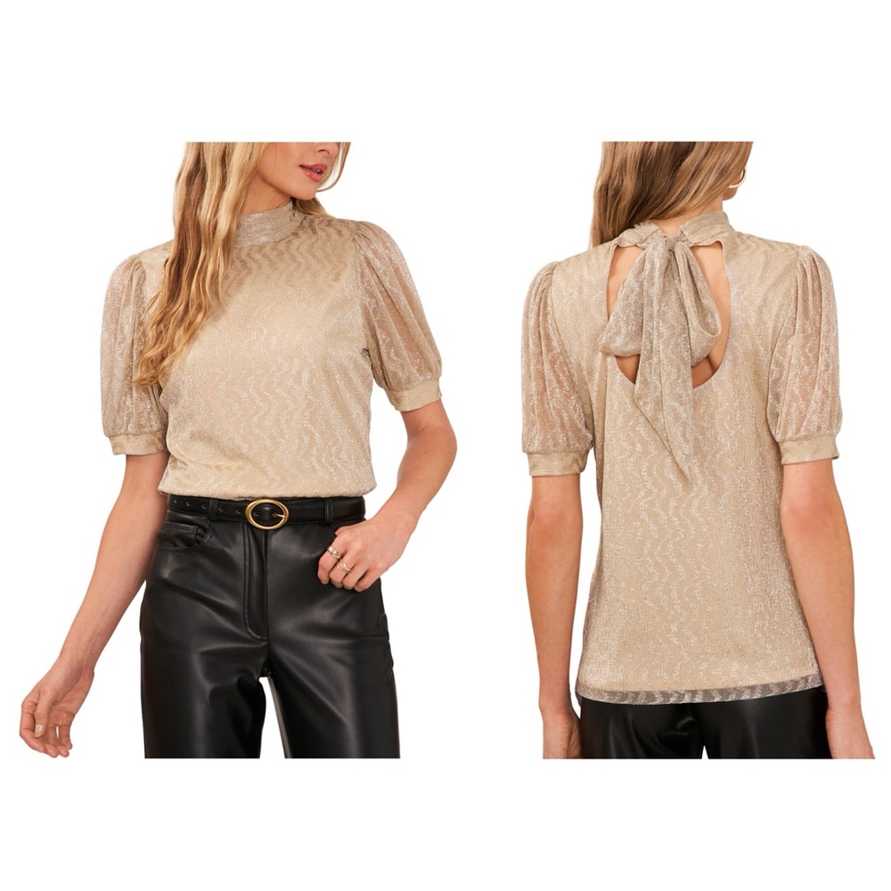 NEW VINCE CAMINO SZ S Metallic Light Gold Open Back Blouse PUFF SHORT SLEEVE